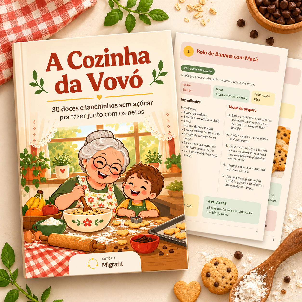Ebook A Cozinha da Vovó com biscoitos e ingredientes na mesa